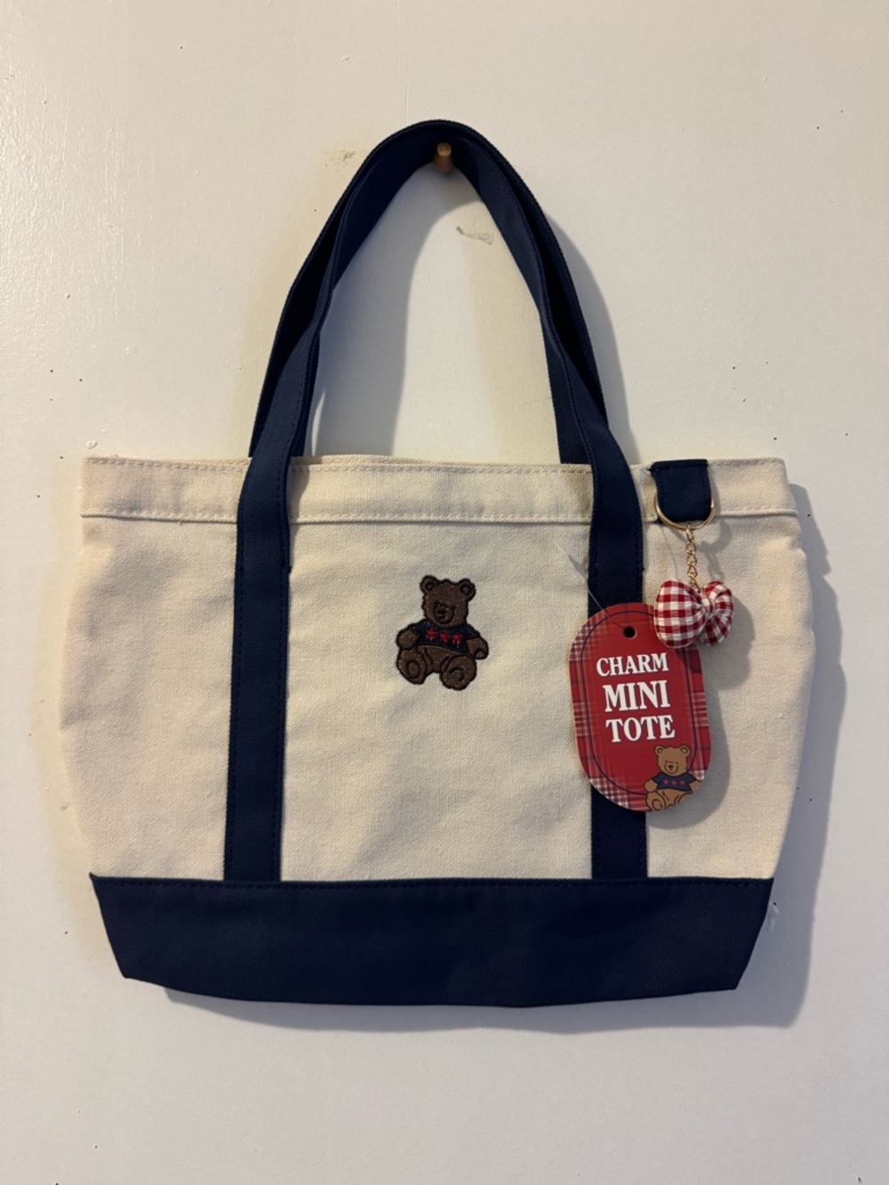 Cream & Navy Canvas Mini Tote with Bear Charm